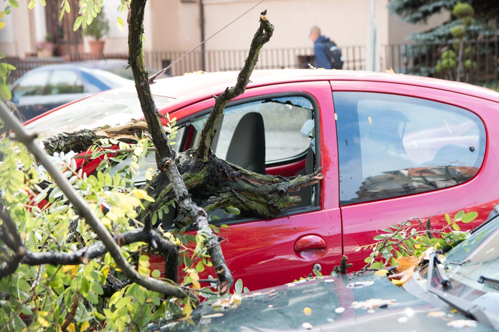 szkody po burzach orkan auto z wybitą szybą - Leon Bielewicz