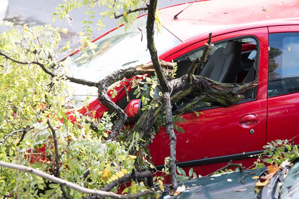szkody po burzach orkan auto z wybitą szybą - Leon Bielewicz
