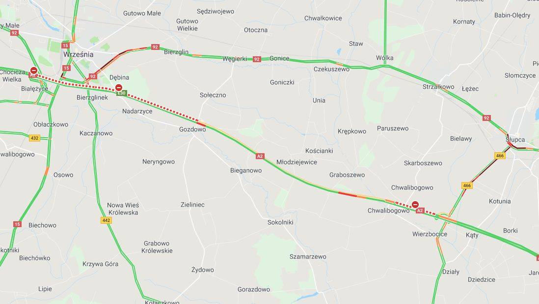 a2 zablokowana poznań konin - Google Maps