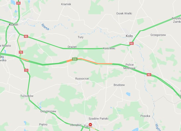 korki a2 mapa - Google Maps