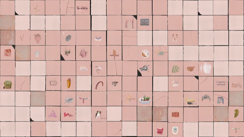 Sylwia Owczarek "Drogowskazy retrospektywne. Konfrontacja z utopią", 144 ceramiczne płytki o wymaiarach 15 x 15 cm, farby ceramiczne, 2020